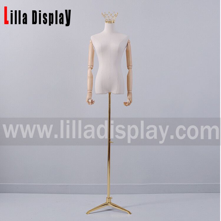 Lilladisplay adjustable height gold tripod base natural linen female dress form HY02