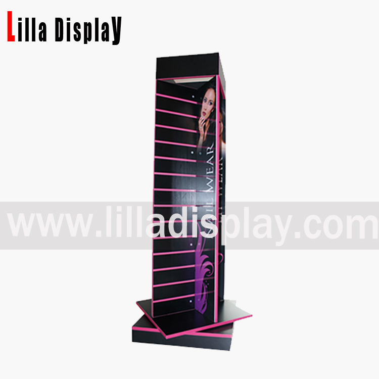 Black spinning cosmetic slatwall tower gondola with logo on side or top