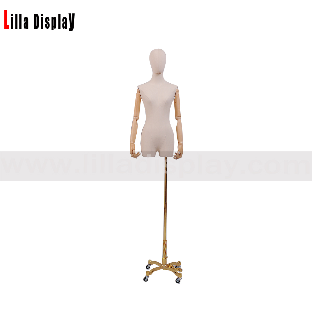 Lilladisplay-165cm Gold Chrom Radstand Teenager Mädchen gesichtslose weibliche natürliche Leinen Kleid Form TPL02