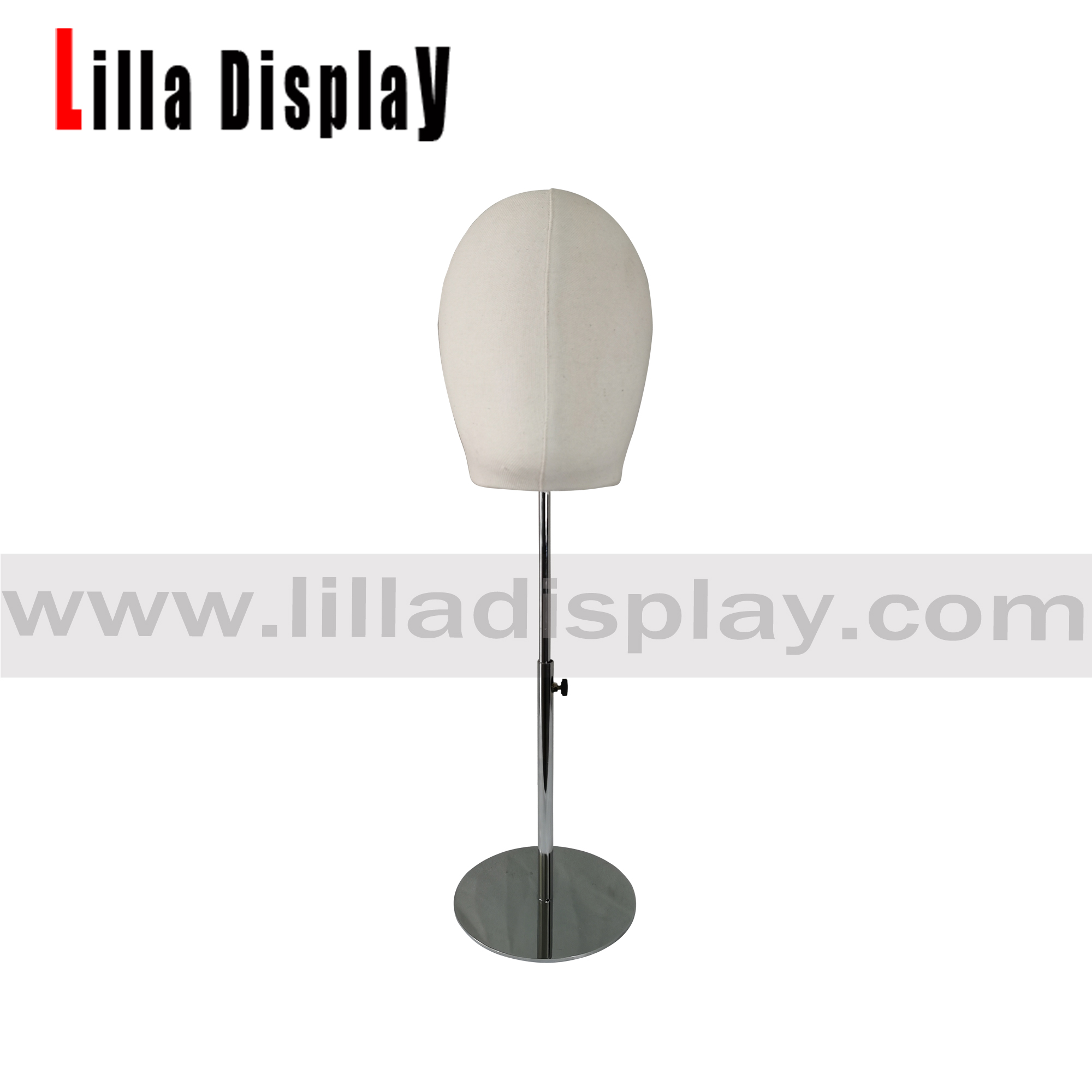 Lilladisplay altezza regolabile in argentu base cromata in tela bianca mannequin in forma di testa MH02