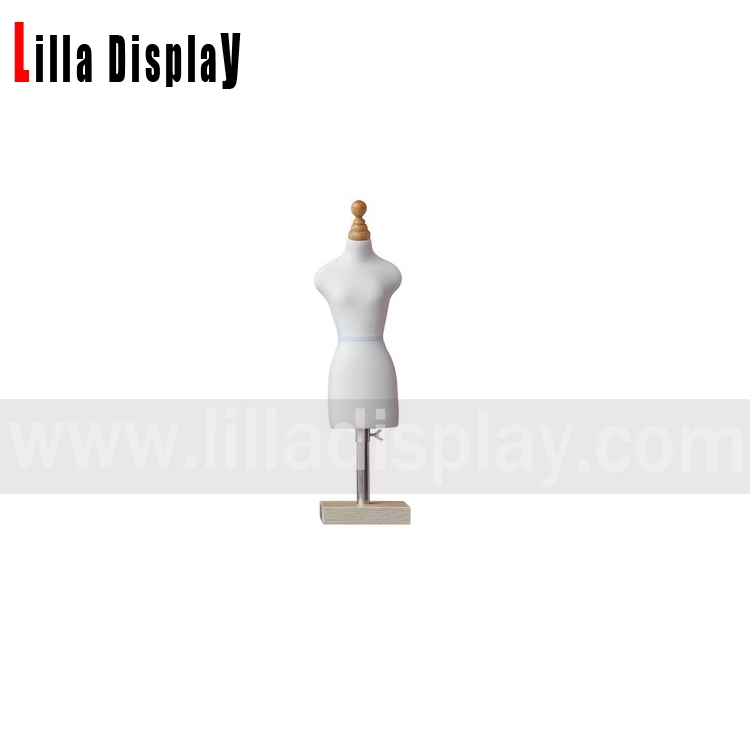Lilladisplay იაფი რეგულირებადი სიმაღლე კვადრატული ხის ბაზა თეთრი ბამბა 1/3 მასშტაბის მინი ზომის სამკერვალო კაბა ფორმა
