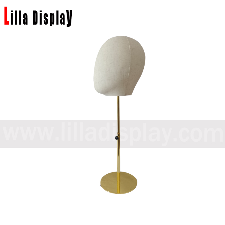 lilladisplay adjustable height gold base white linen male mannequin head for hats display, headband display, headphone display,wigs display MH05