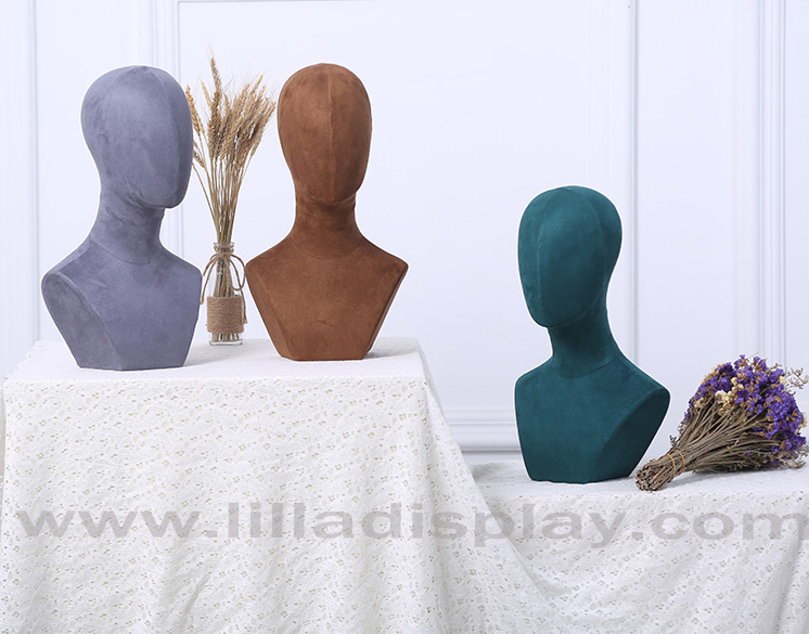 colored suede mannequin head with shoulders Judy
