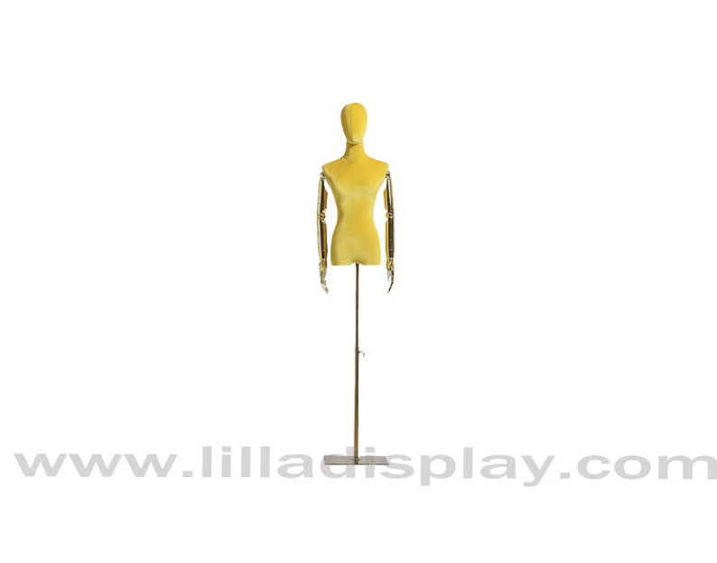 yellow velvet golden arms gold base female dress form Maria