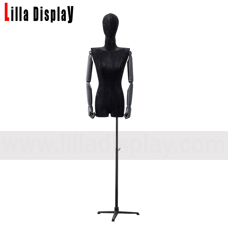 Nastavljiva črna ženska obleka iz črnega žameta z odprtimi rameni, osnova za stojalo v obliki Paula
