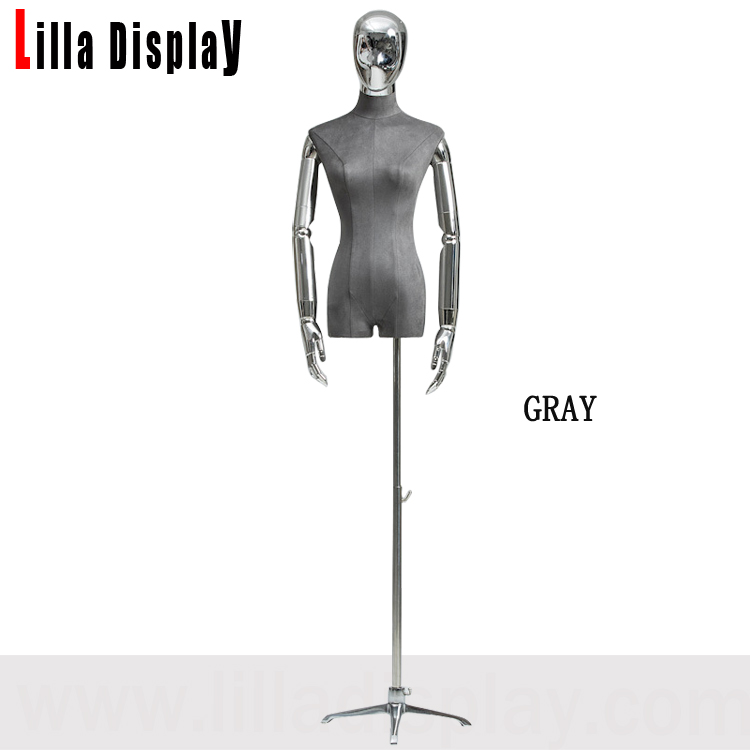 lilladisplay 3 colors choice luxury suede velvet silver egghead silver articulated arms female dress form Selina