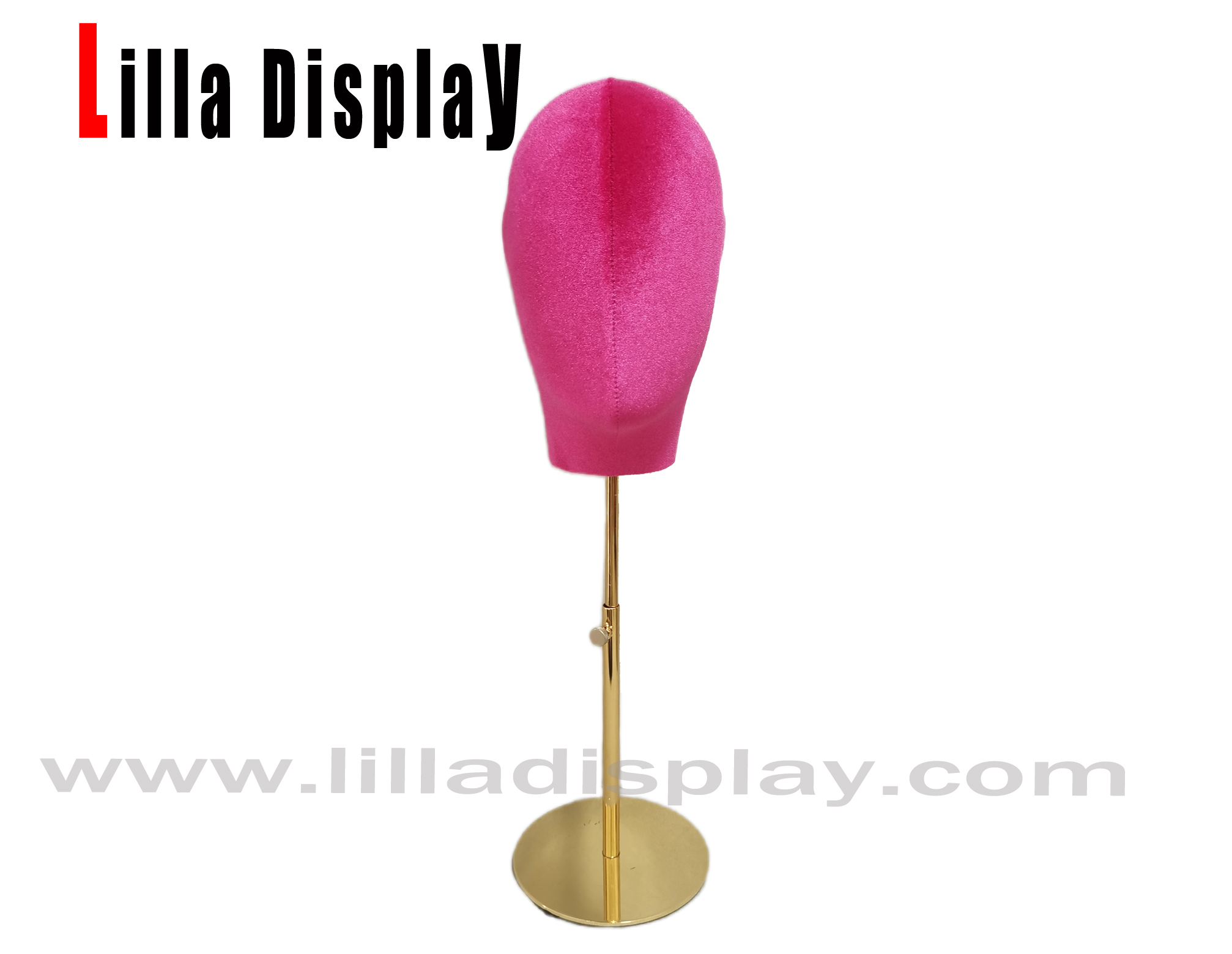 Cabeza de maniquí de mujer Lucy de terciopelo rosa con base dorada ajustable