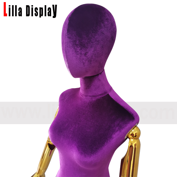 lilladisplay bras dorés articulés base trépied dorée robe femme velours violet forme Maria taille M