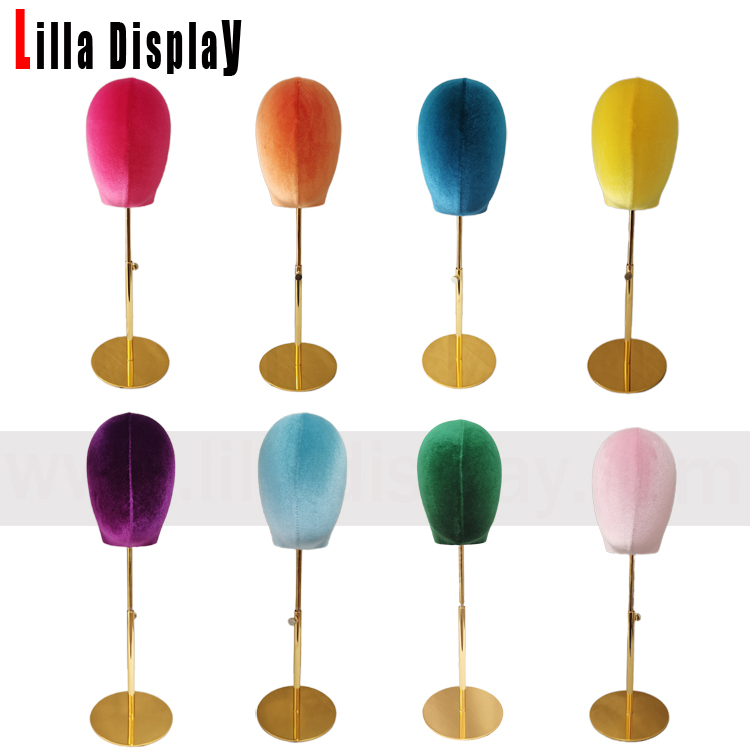 Personalized 99 colors economy adjustable gold base colored velvet female mannequin head Jessy