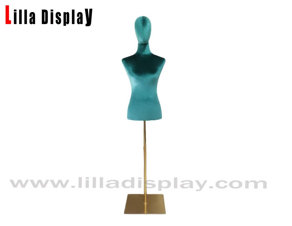 Cheap Adjustable Gold Base Green Velvet Female Mannequin Dress Form Emily
