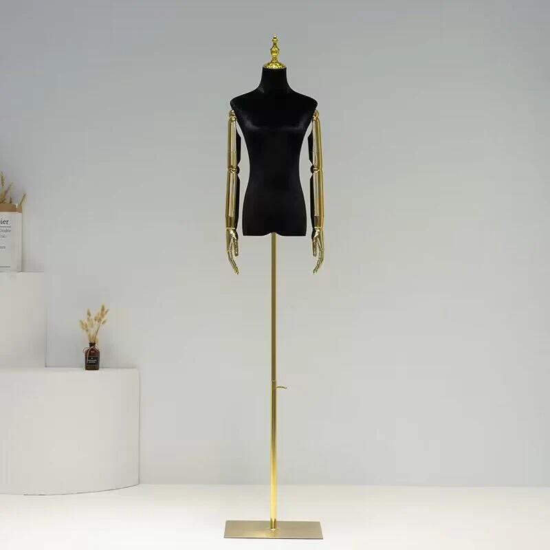 Adjustable Gold Square Base Velvet Female Mannequin Dress Form Torso Ann