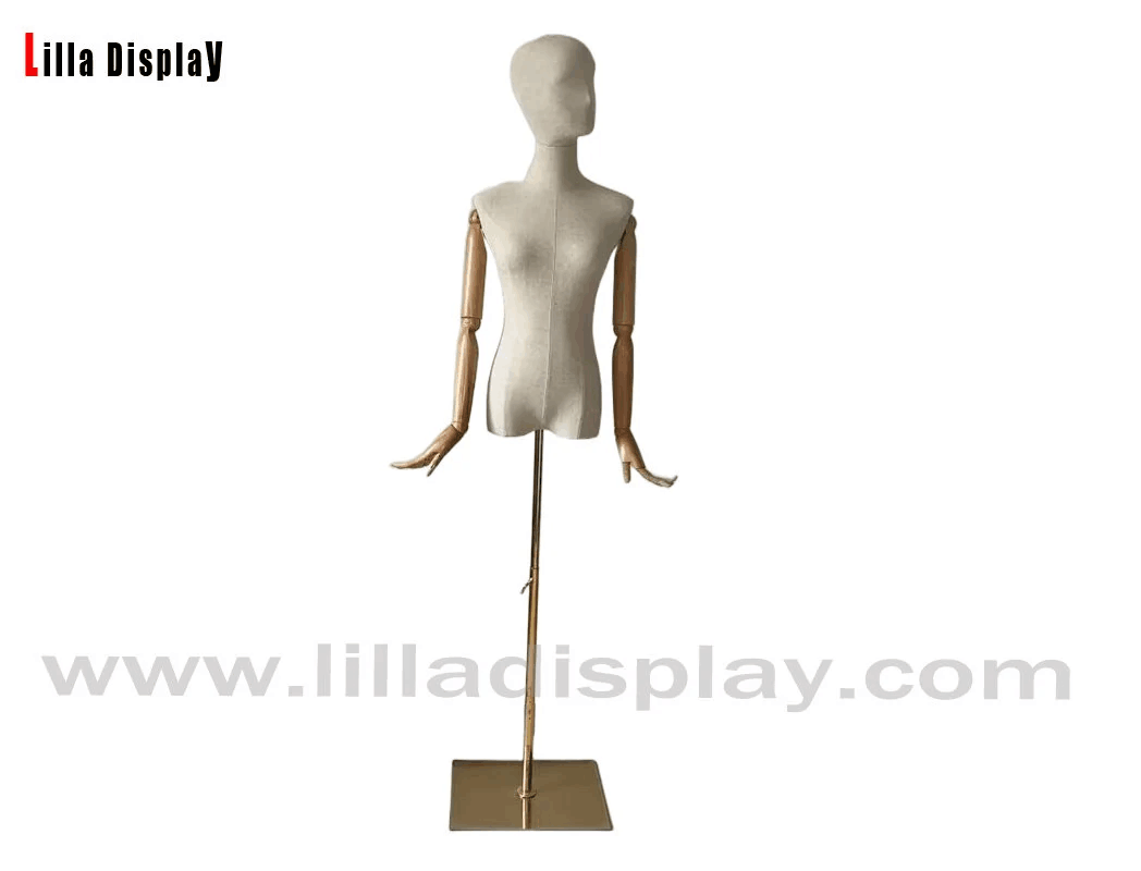 Lilladisplay Gold Adjustable Base Abstract Face Natural Linen Female Mannequin Dress Form Sabin