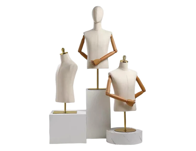 Adjustable 35cm Pole Tabletop Gold Base Natural Linen Natural Wooden Arms Male Dress Form Jackson